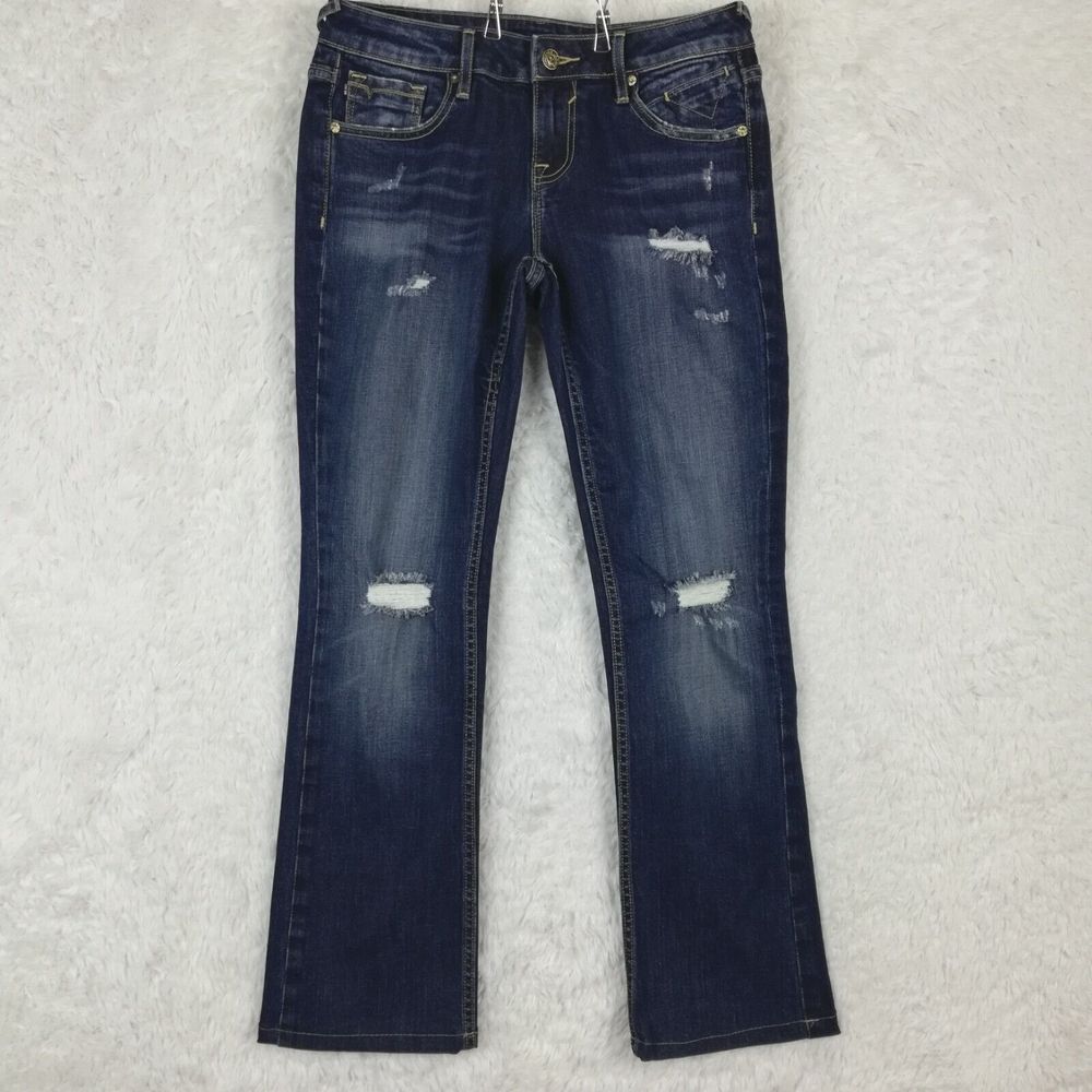 Vigoss Womens Jeans Chelsea Slim Boot Cut Blue Denim Dark Wash Destroyed 26